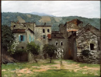 Nära Bordighera, i norra Italien. (Nära Bordighera. I norra Italien). Beskrivning av en grupp byggnader i Ligurien. Verk av Isaak (Isaac) Ilyich Levitan (1860-1900), pastell på papper