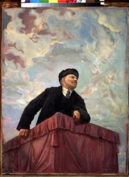 Porträtt av Vladimir Lenin (1870-1924), rysk politiker och revolutionär på talarstolen. 1927. Målning av Isaak Israilevich Brodsky (1884-1939). Sankt Petersburg, Ryska museet.