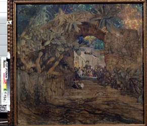 Krog i en grotta (Taverna i en grotta). Målning av Isaak Izrailevich Brodsky (Brodsky) (1884-1939). Olja på duk