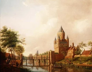 En vy av Kleine Houtpoort (Small Gateway) i Haarlem med Grote Houtpoort (Great Gateway) i bakgrunden