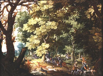 Ett skogslandskap med jägare och hundar (olja på koppar)