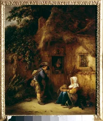 Samtal framför ett bondehus. Målning av Isaac Van Ostade (1621-1649)