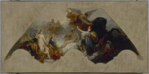 Minerva kämpar mot Brutal Force inför den återförenade Olympen, ca 1872 (olja på duk)