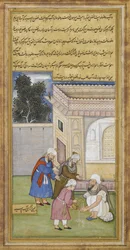 Al Fazl tar med vatten för Yahya Barmaki att göra sina avtvättningar, ca. 1595 (gouach, bläck och guld på papper)