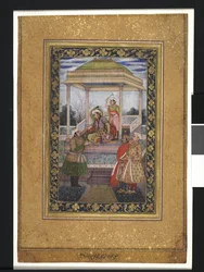 Kejsar Jahangir i paviljong med skötare