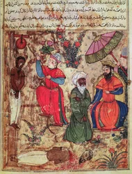 Fol.100 Sultanen som skipar rättvisa, ur "The Book of Kalilah and Dimnah" (bläck och opak akvarell på papper)