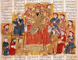 Islamisk konst: "" En sultan och hans hov"" persisk miniatyr från ett manuskript av den episka dikten "" Shahnameh"" (Shah Nama, Shahnama) (Kungarnas bok) av Ferdowsi (Firdawsi, eller Ferdawsi, eller Firdousi, ca. 940-runt 1020) Runt 1330 Topkapi museum, I