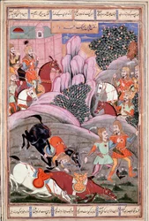 Islamisk konst: "" Bijene och Roham går för att attackera Firoud"" Persisk miniatyr från ett manuskript av den episka dikten "" Shahnameh"" (Shah Nama, Shahnama) (Kungarnas bok) av Ferdowsi (Firdawsi, eller Ferdawsi, eller Firdousi, ca. 940-runt 1020) (ms.