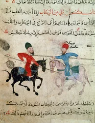 Islamisk konst: Ritning på pergament från Fatimidperioden (10-1000-talet) - Scen för duell mellan två ryttare - Målning på papyrus - Kairo, Museum of Islamic Art