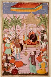 Islamisk konst: "" Kung Keikaous beordrar tillfångatagandet av Roustam""" persisk miniatyr från ett manuskript av den episka dikten "" Shahnameh"" (Shah Nama, Shahnama) (Kungarnas bok) av Ferdowsi (Firdawsi, eller Ferdawsi, eller Firdousi) , ca 940-omkring