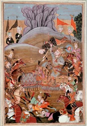 Islamisk konst: "" Rustams första kamp mot Afrasiab"" persisk miniatyr från ett manuskript av den episka dikten "" Shahnameh""" (Shah Nama, Shahnama) (Kungarnas bok) av Ferdowsi (Firdawsi, eller Ferdawsi, eller Firdousi, ca. . 940-runt 1020) (ms. 607) Chan