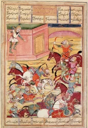 Islamisk konst: "" Sam decoches en pil för att försvara ett förtrollande slott""" Persisk miniatyr från ett manuskript av den episka dikten "" Shahnameh"" (Shah Nama, Shahnama) (Kungarnas bok) av Ferdowsi (Firdawsi eller Ferdawsi, eller Firdousi, ca 940-ci
