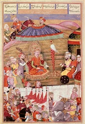 Islamisk konst: "" Sohrab (Saharab) ser igen på Roustams tält""" Persisk miniatyr från ett manuskript av den episka dikten "" Shahnameh"" (Shah Nama, Shahnama) (Kungarnas bok) av Ferdowsi (Firdawsi, eller Ferdawsi, eller Firdousi, ca 940-cirka 1020) (ms. 6
