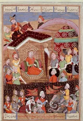 Islamisk konst: ”Sohrab (Saharab) ser på de persiska arméledarnas svarta tält”. Persisk miniatyr ur ett manuskript till den episka dikten ”Shahnameh” (Shah Nama, Shahnama) (Kungaboken) av Ferdowsi (Firdawsi, eller Ferdawsi, eller Firdousi, ca. 6