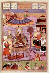 Islamisk konst: "" Sohrab (Saharab) ser på Rostames tält""" Persisk miniatyr från ett manuskript av den episka dikten "" Shahnameh"" (Shah Nama, Shahnama) (Kungarnas bok) av Ferdowsi (Firdawsi eller Ferdawsi) , eller Firdousi, ca 940-cirka 1020) (ms. 607) 