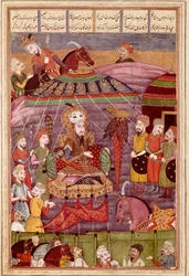 Islamisk konst: "" Sohrab ser på Rostames röda tält, hans far"" Persisk miniatyr från ett manuskript av den episka dikten "" Shahnameh"" (Shah Nama, Shahnama) (Kungarnas bok) av Ferdowsi (Firdawsi eller Ferdawsi) , eller Firdousi, ca 940-cirka 1020) (ms. 6