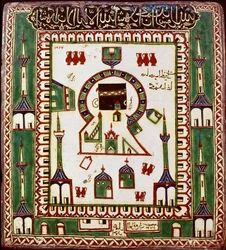 Islamisk konst: keramisk platta som avbildar Muhammeds grav i Medina, i dagens Saudiarabien. Keramik från 1500-1600-talet. Kairo, Museet för islamisk konst.