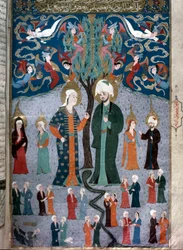 Islamisk representation av Adam och Eva miniatyr från manuskriptet "Zubdat al Tawarikh" (Zubdat al Tawarikh) (Creme of Stories) av historikern Seyyid Loqman Ashuri 1538. Turkiskt och islamiskt konstmuseum Istanbul