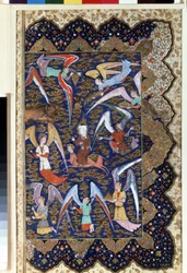 ""Profeten Muhammed (Mohammed eller Muhammad) (570-632) (täckt ansikte) under miraket, hans uppstigning till sjunde himlen på sin häst Al - Bouraq (Burak) (Al - Buraq)"" Akvarell på pergament. 1500-talet. Eremitagemuseet, Sankt Petersburg