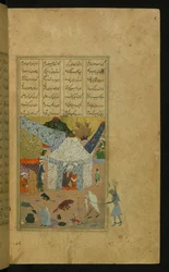 Majnun, i kedjor, leds av den gamla kvinnan till Laylás tält