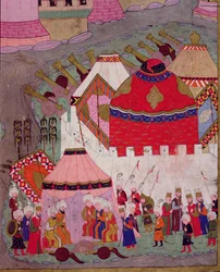 TSM H.1524 Siege of Vienna av Suleyman I (1494-1566) den magnifika, 1529, från "Hunername" av Lokman, detalj av det osmanska lägret, 1588