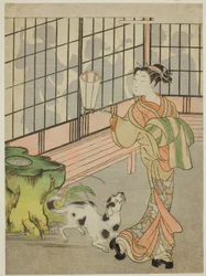 Kurtisan som ser tillbaka på skuggor på shōji
