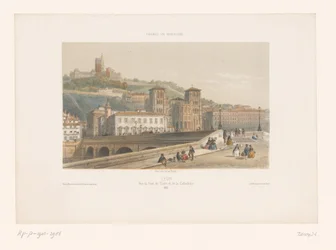 Utsikt över Pont Tilsitt och Saint-Jean-katedralen i Lyon Lyons. Vue du Pont de Tilsitt et de la Cathédrale (titel på objekt) Små ansikten i Frankrike (serietitel) France en miniature (serietitel på objekt)