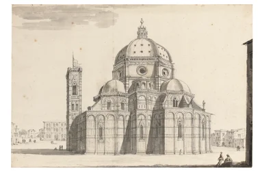 The Duomo and Campanile, Florence (svart krita, penna och grått bläck, brunt och grått tvätt på papper med vattenstämpel)