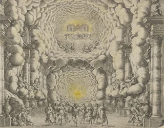 Design för en teateruppsättning skapad av Giacomo Torelli da Fano för baletten 