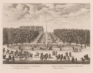 Utsikt över Château de Versailles, från sidan av gränden och drakfontänen