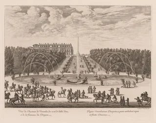 Utsikt över Château de Versailles, från sidan av körfältet och drakfontänen, 1676.