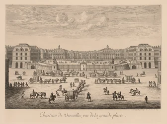 Utsikt över slottet i Versailles, sett från Grande Place