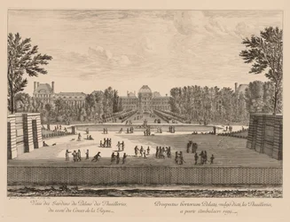 Utsikt över Tuileriepalatset och trädgårdarna, från Cours la Reine-sidan, 1673.