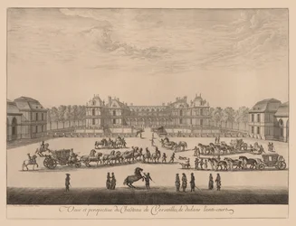Utsikt och perspektiv av slottet i Versailles, inifrån anti-gården, 1664.