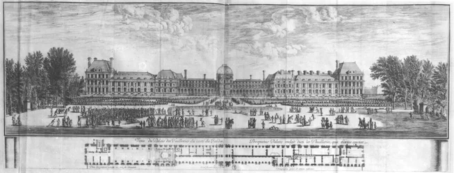 Utsikt över Palais des Tuileries från trädgårdarna (gravyr) (bw foto)