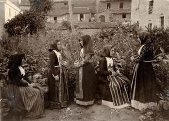 Grupp av kvinnor i traditionella dräkter i trädgård, Sardinien, Italien