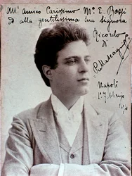 Porträtt av Pietro Mascagni (1863-1945), italiensk kompositör