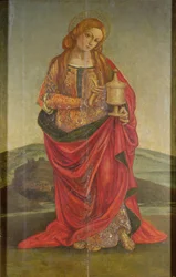 En kvinnlig helgon med en kalk, möjligen Maria Magdalena, förmodligen 1500-talet (panel)