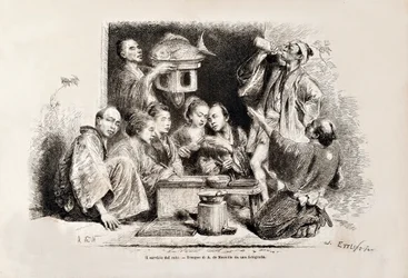 A Small Party Drinking Sake, från den italienska upplagan av Tour du Monde, 1869