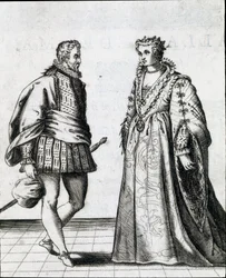 Ett par italienska adeln. Gravyr från "" Il ballarino "" (eller Il dancer) handlar om dansen av dansmästaren Fabritio Caroso (1527 / 1535-1605 / 1620) 1581. Civic Museum Biblioteca Musicale, Bologna