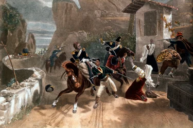 En kamp mellan brigander och påvens carabinieri (dragoni) på Sardinien, Italien. 1800-talet
