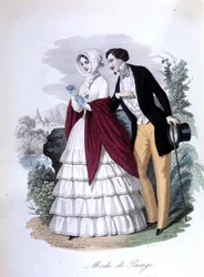 En galant scen: ett elegant par fashionabla parisare. 1848 (gravyr)