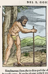 En infödd man tänder en eld genom att gnugga två stycken trä. Gravyr från "" Navigationi och Viaggi"" av Giovanni Battista Ramusio (1485-1557), vol. III, Venedig 1565.