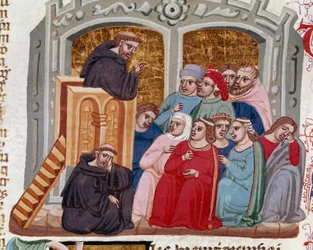 En predikator som tilltalar en skara miniatyrfideles från "" Decret de Gratien"" ("Concordia discordantium canonum" eller "Decretum Gratiani") som går tillbaka till 1140 och reglerar den romersk-katolska kyrkans lagar och kanoner. 1300-talets Siena, Biblio