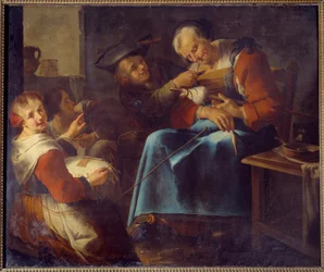 En sovande gammal filmskapare omgiven av barn Målning från den italienska skolan. 1600-talets Laon, Museum of Fine Arts