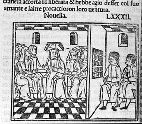 En berättelse om en nunnas kärlek. Illustration för nyheterna 82 (Ny 2 av den nionde dagen) av "Decameron"" av Giovanni Boccaccio dit Jean Boccaccio (1313-1375), italiensk författare. Gravyr i "" Decamerone ouer Cento nouelle"" Venedig, Bartolomeo de 