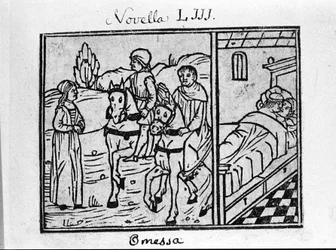 En kvinna träffar två ryttare och har ett par i ett rum. Illustration för nyheterna 53 (Nyheter 3 av den 6:e dagen) av "Decameron"" av Giovanni Boccaccio dit Jean Boccaccio (1313-1375), italiensk författare. Gravyr i "" Decamerone ouer Cento nouelle"" Vene