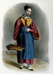 En ung vandrande jordgubbsförsäljare. Milanesisk metiergravyr av Locarno från 1830.