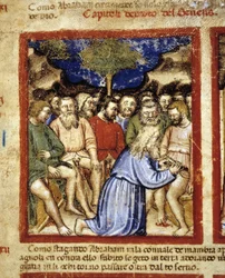 Abraham omskär judarna, illustration från "The Codex of Padua" 1390-1400