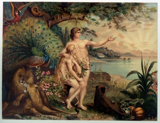 Adam och Eva au Paradise earthly (Eden) - i "" Golden classical Bible: historia om gudomlig uppenbarelse i den gamla och nya strävan "" "av Giovanni Ladislao Sykora (vol. 1), översatt av Don Clemente Benetti. (Italiensk bibel)